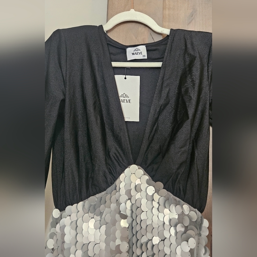 NWT Maeve Black & Silver Sequin Mini Dress XS Party Cocktail Holiday - Picture 8 of 16